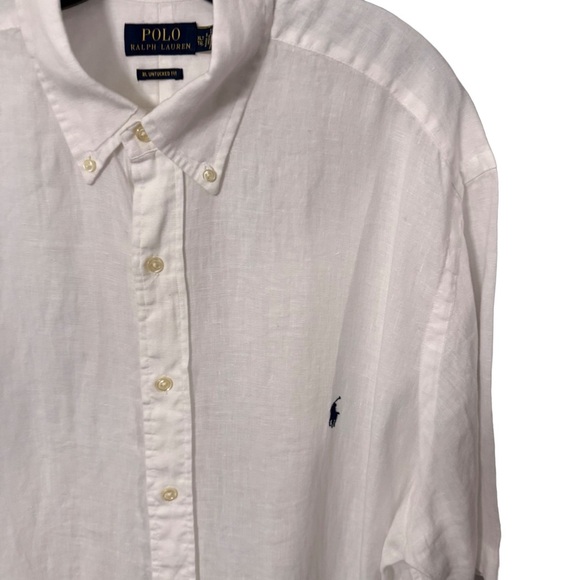 POLO RALPH LAUREN 100% LINEN BUTTON SHIRT SZ XLT WHITE SHORT SLEEVE NAVY PONY - Picture 3 of 13